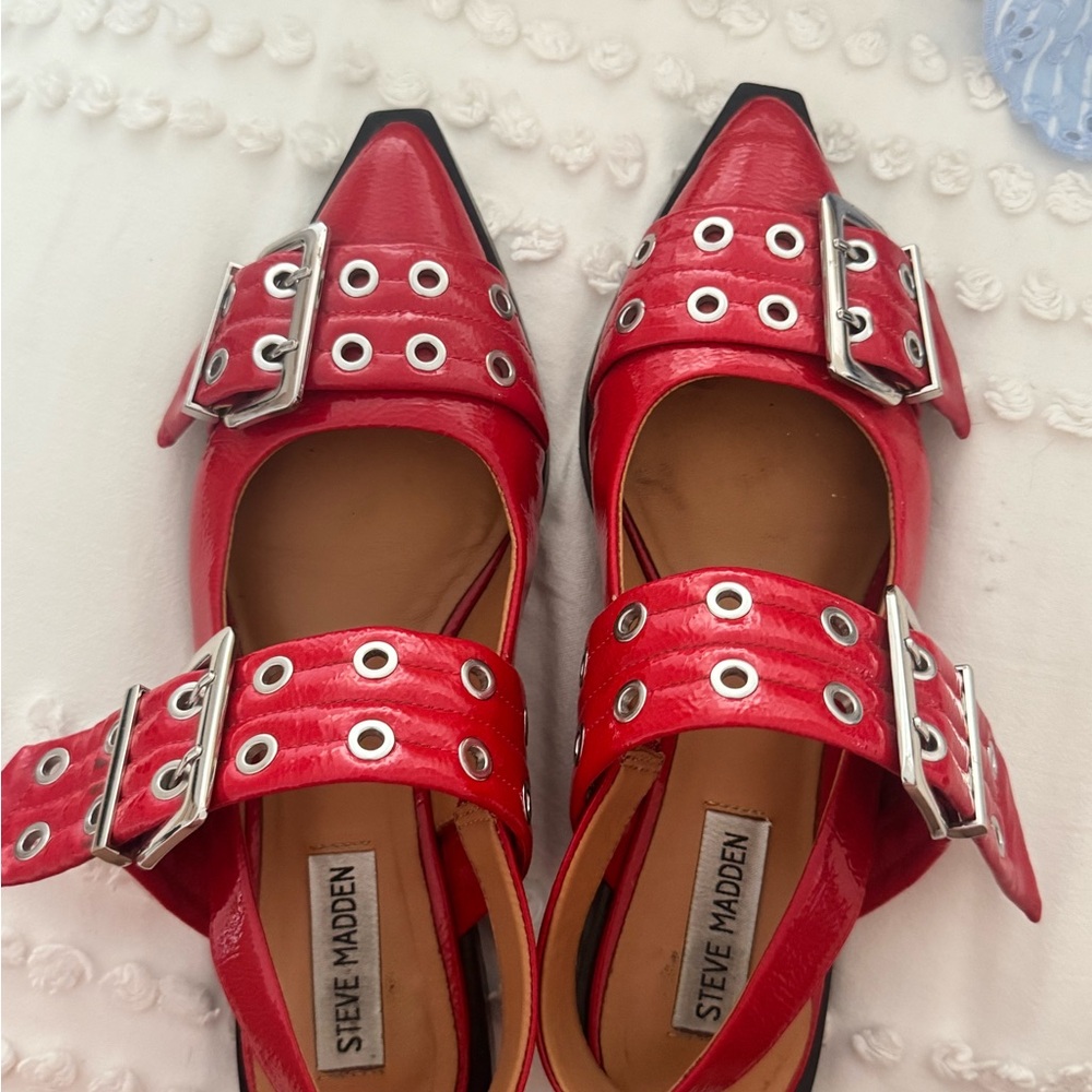 Steve Madden Red Punk-Inspired Flats with Buckle Straps
